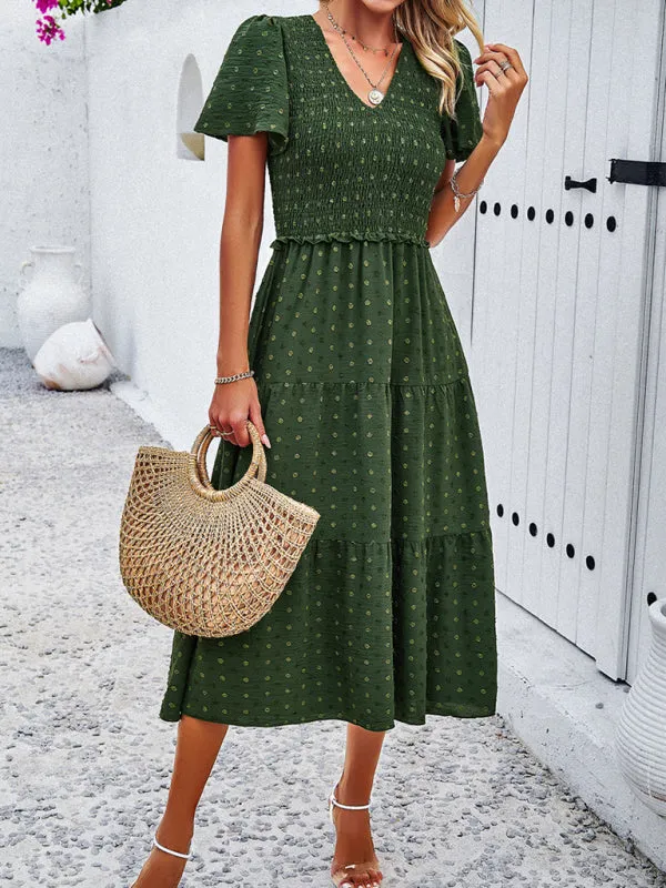 V-neck Polka Dot Midi Dress with Smocked Bodice and Puff Sleeves