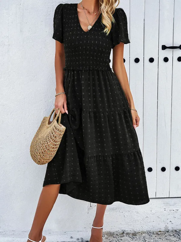 V-neck Polka Dot Midi Dress with Smocked Bodice and Puff Sleeves