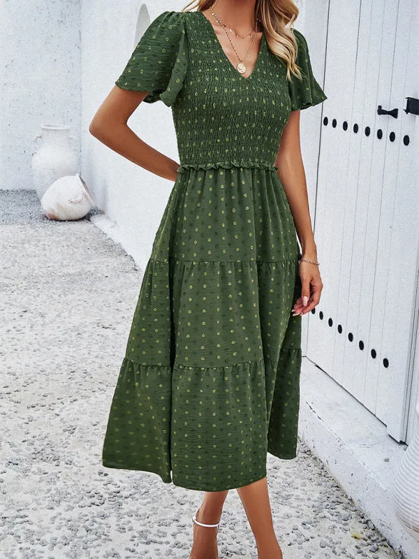 V-neck Polka Dot Midi Dress with Smocked Bodice and Puff Sleeves