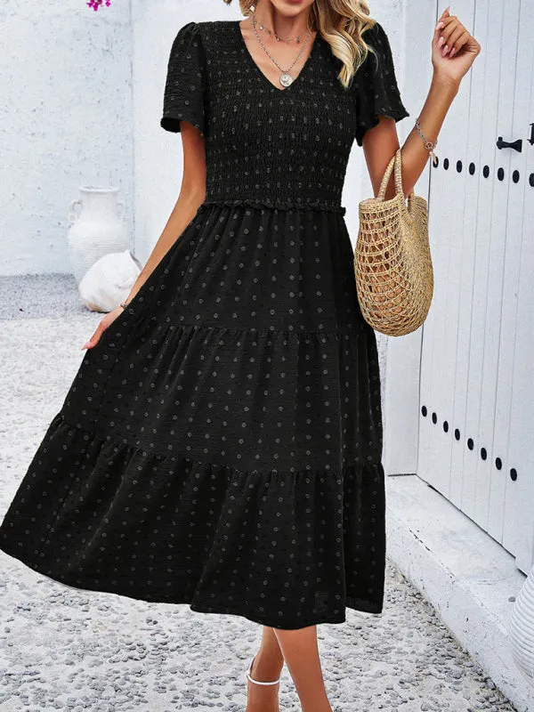 V-neck Polka Dot Midi Dress with Smocked Bodice and Puff Sleeves