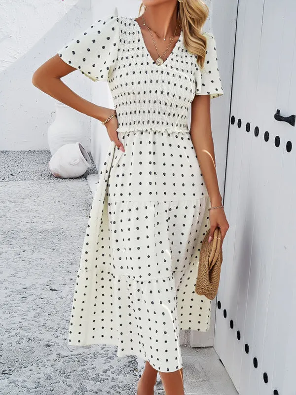 V-neck Polka Dot Midi Dress with Smocked Bodice and Puff Sleeves