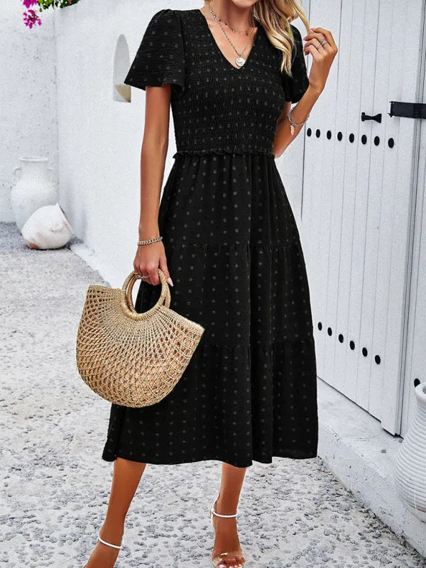 V-neck Polka Dot Midi Dress with Smocked Bodice and Puff Sleeves