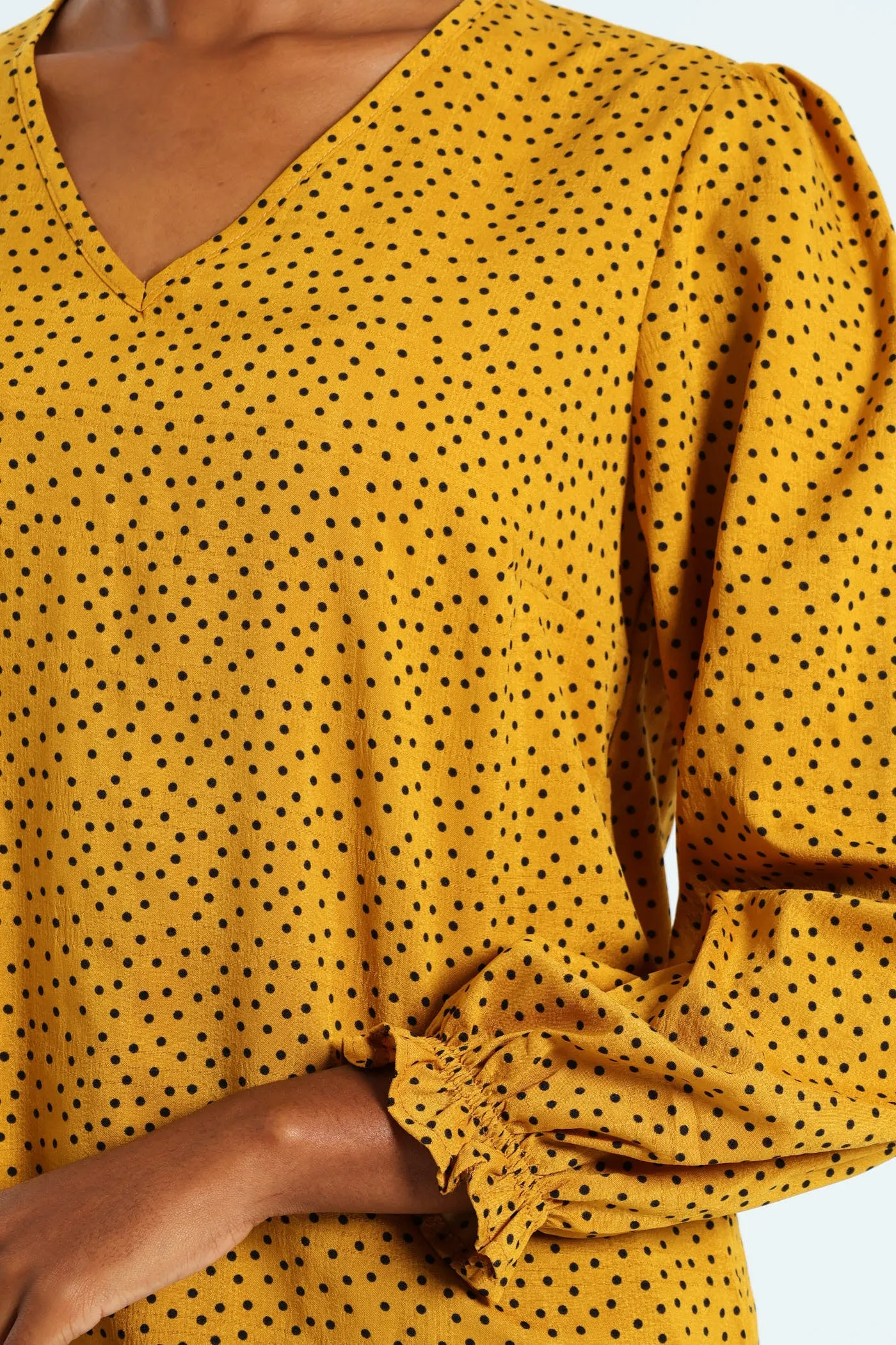 V-Neck Puff Sleeve Blouse - Mustard