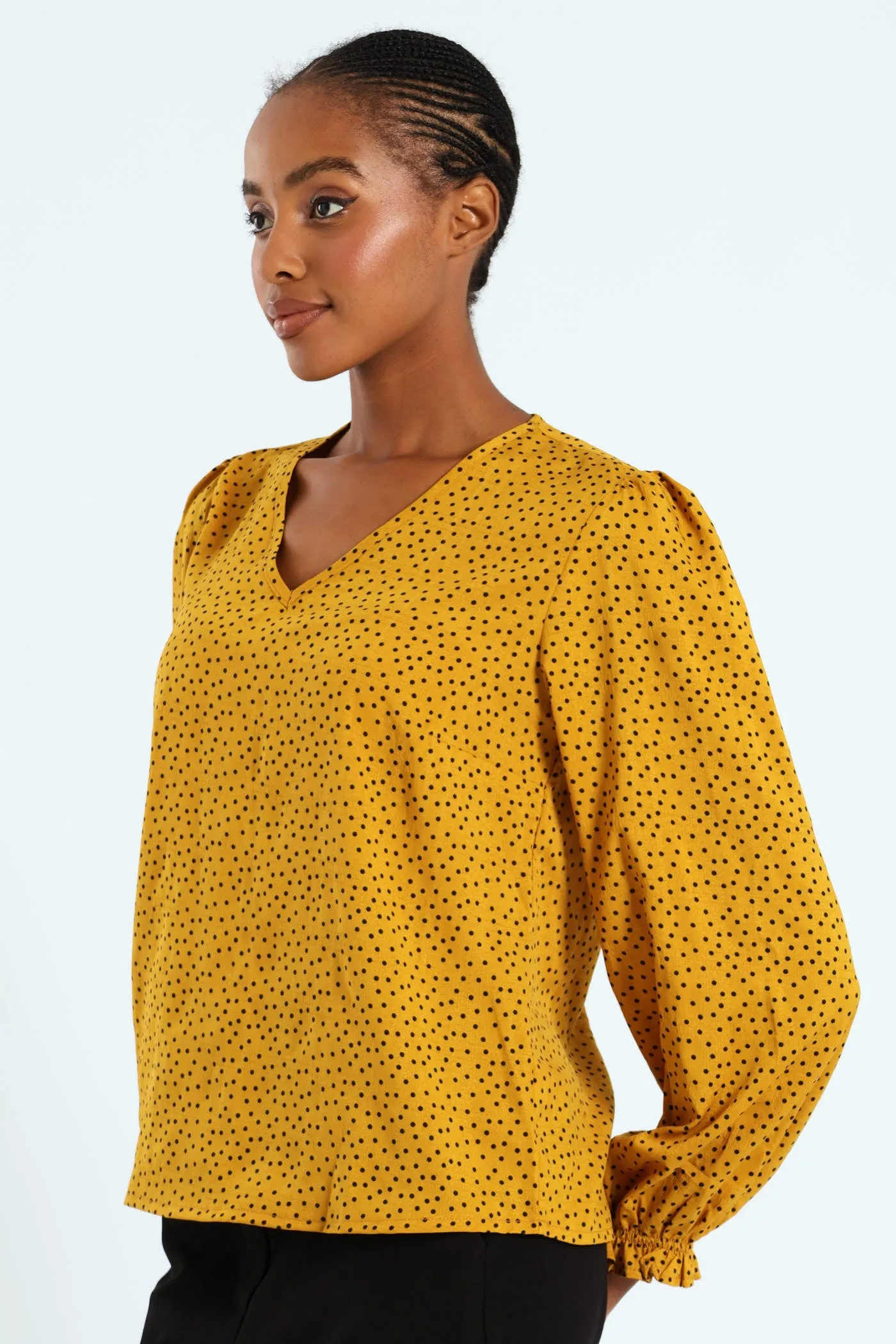 V-Neck Puff Sleeve Blouse - Mustard
