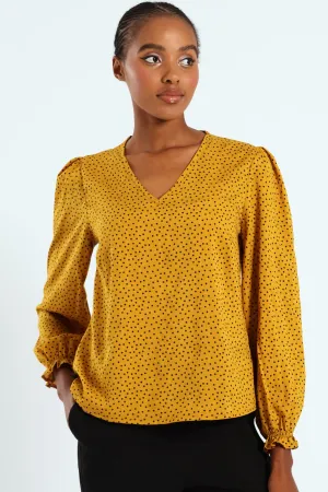 V-Neck Puff Sleeve Blouse - Mustard