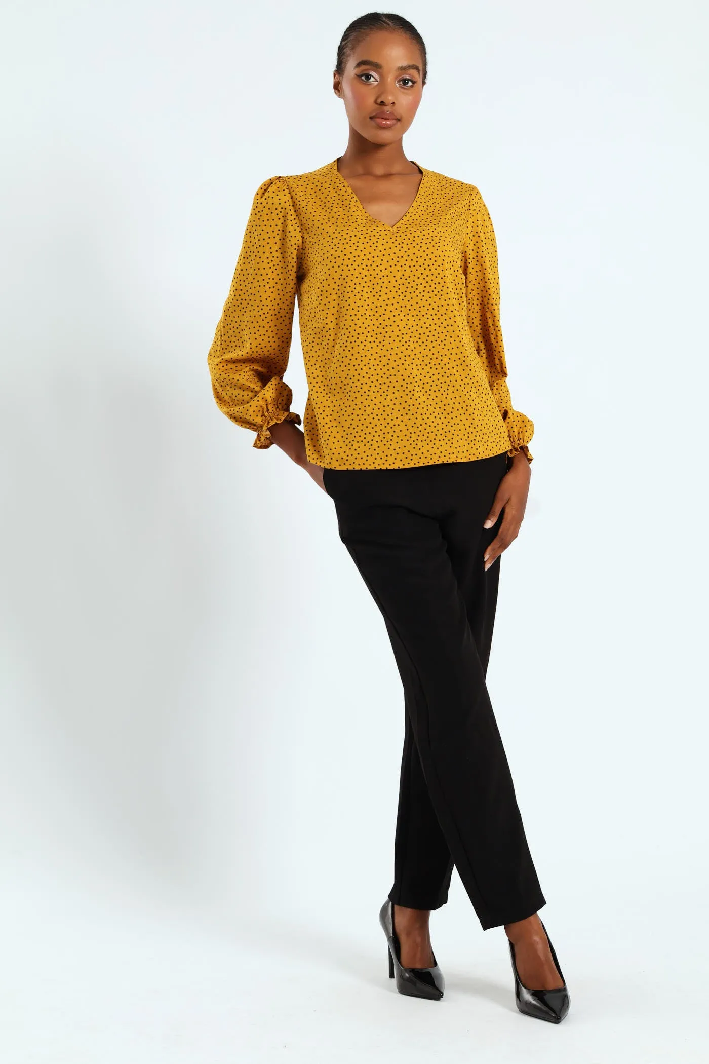 V-Neck Puff Sleeve Blouse - Mustard