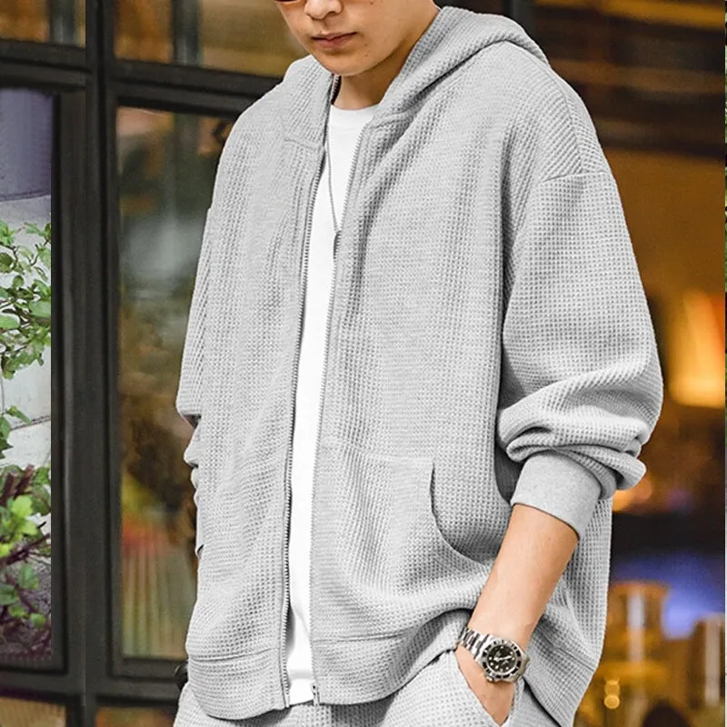 Vintage Gray Waffle Hoodies for Men Hooded Sweatshirts