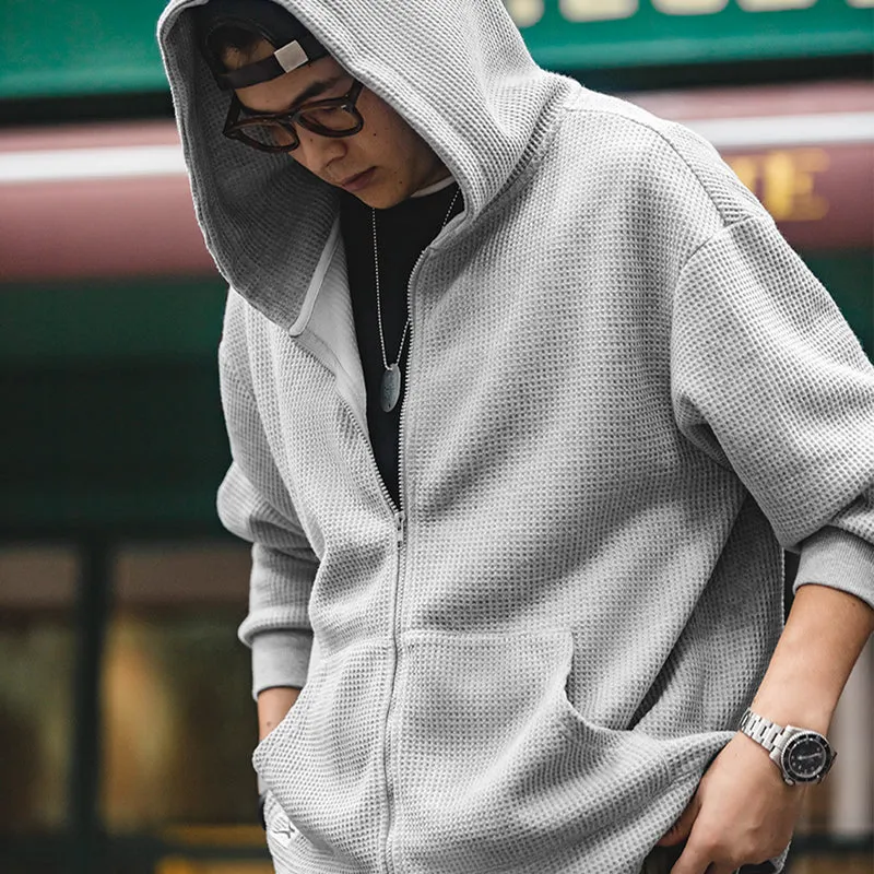 Vintage Gray Waffle Hoodies for Men Hooded Sweatshirts