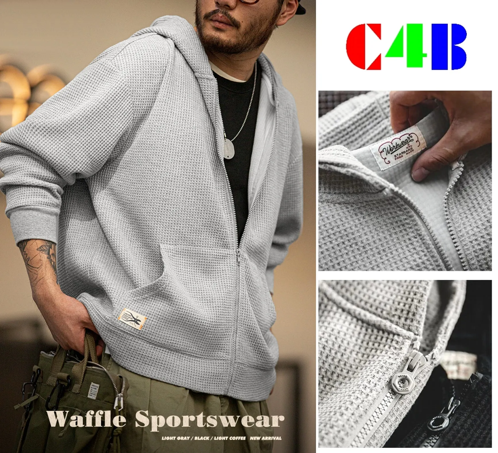 Vintage Gray Waffle Hoodies for Men Hooded Sweatshirts