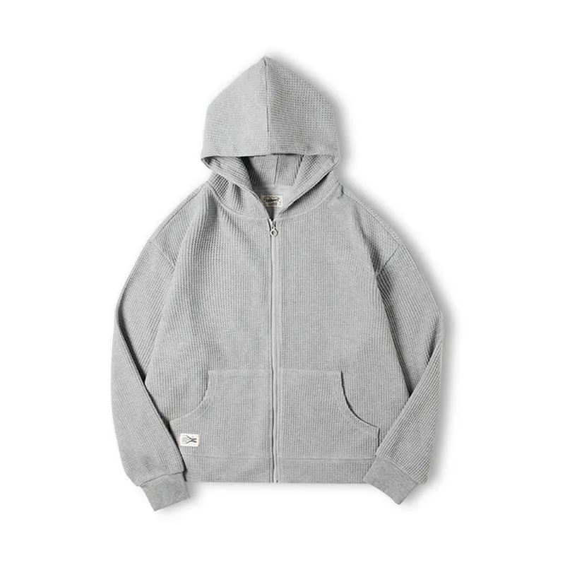 Vintage Gray Waffle Hoodies for Men Hooded Sweatshirts