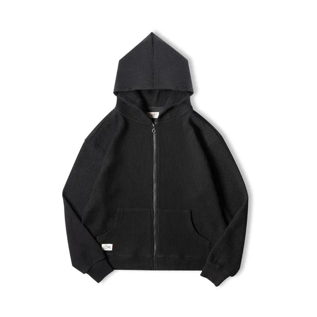 Vintage Gray Waffle Hoodies for Men Hooded Sweatshirts