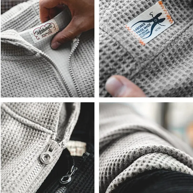 Vintage Gray Waffle Hoodies for Men Hooded Sweatshirts