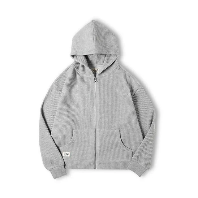Vintage Gray Waffle Hoodies for Men Hooded Sweatshirts