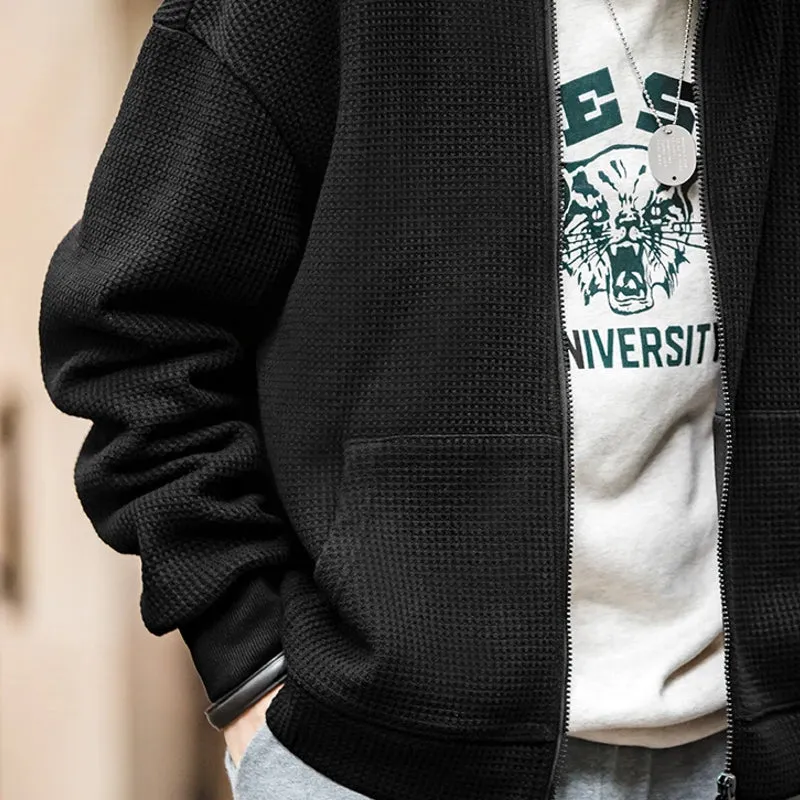 Vintage Gray Waffle Hoodies for Men Hooded Sweatshirts