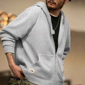 Vintage Gray Waffle Hoodies for Men Hooded Sweatshirts