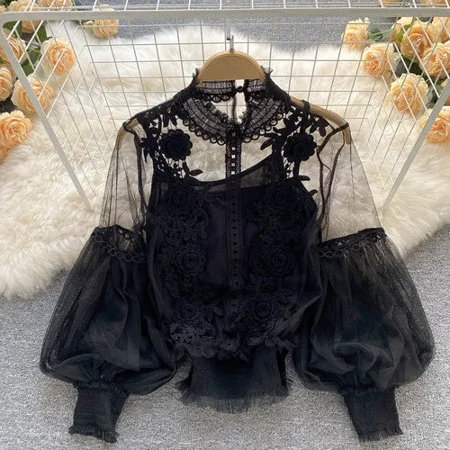 Vintage Lace Puff Long Sleeve Blouse
