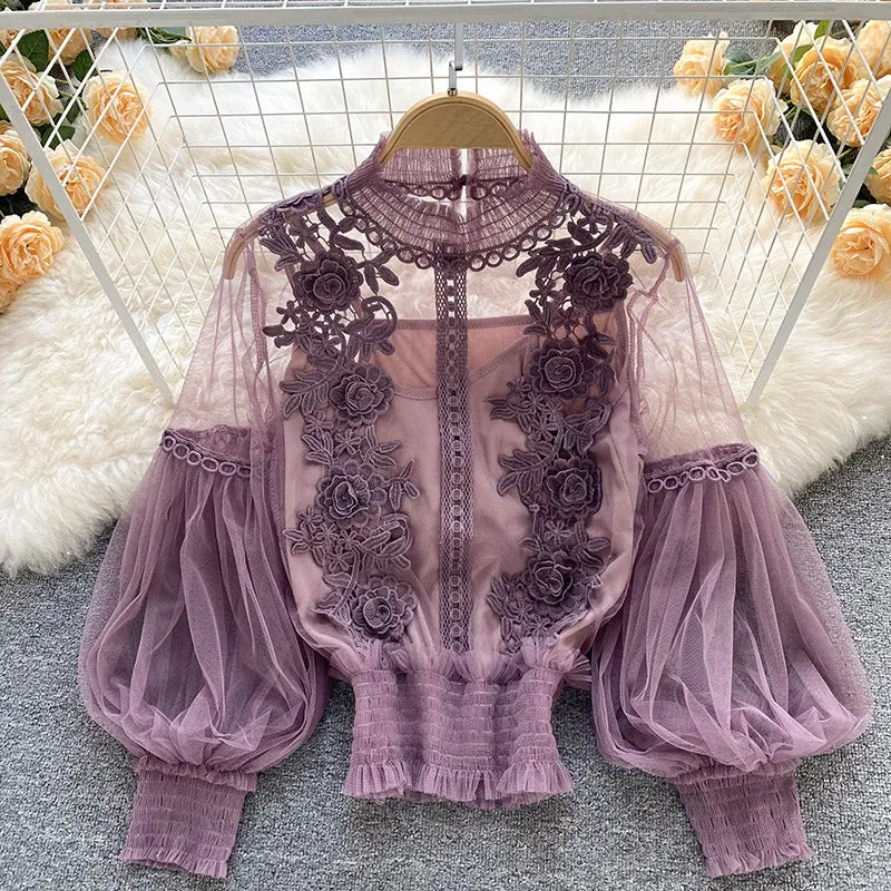 Vintage Lace Puff Long Sleeve Blouse