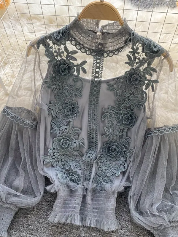 Vintage Lace Puff Long Sleeve Blouse