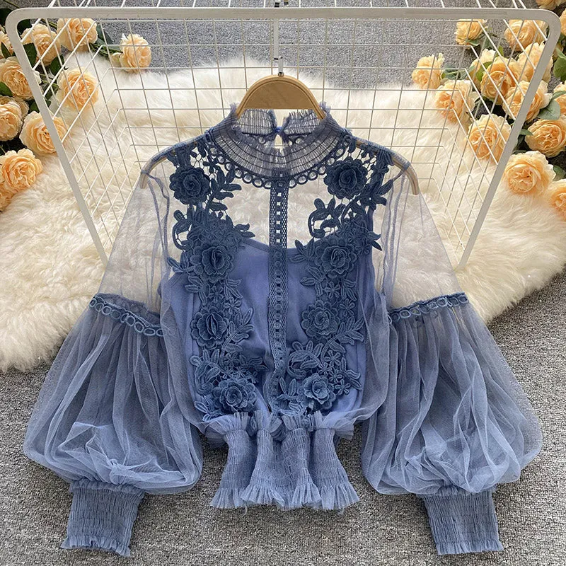 Vintage Lace Puff Long Sleeve Blouse