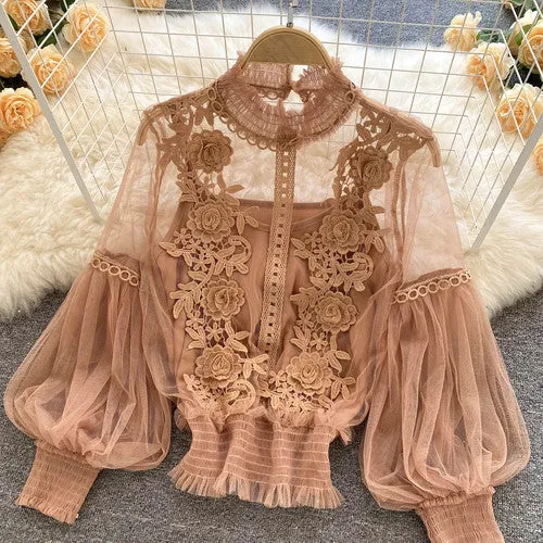 Vintage Lace Puff Long Sleeve Blouse