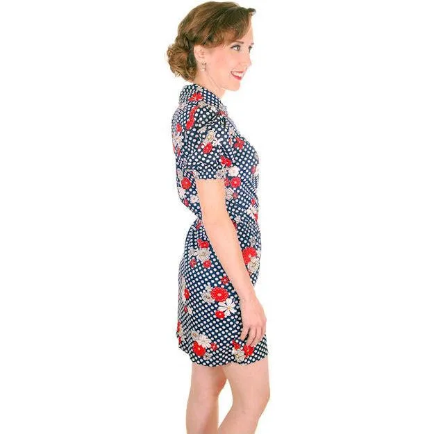Vintage Playsuit Hot Pants1970s Polyester Polka Dot Floral S