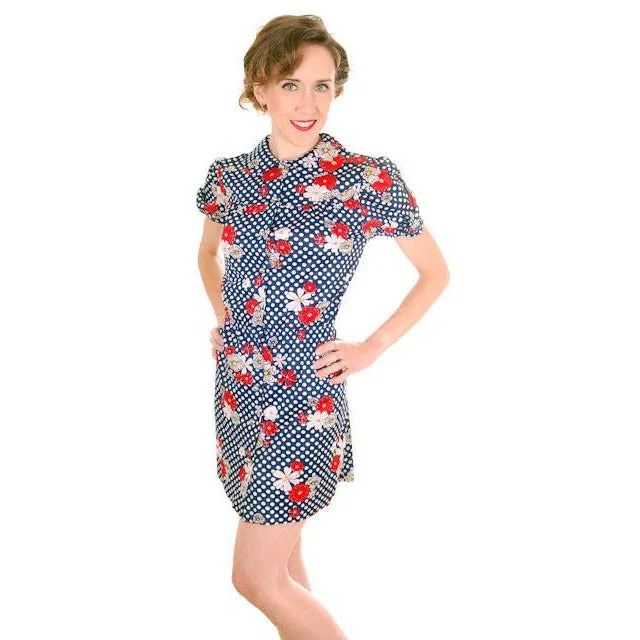 Vintage Playsuit Hot Pants1970s Polyester Polka Dot Floral S