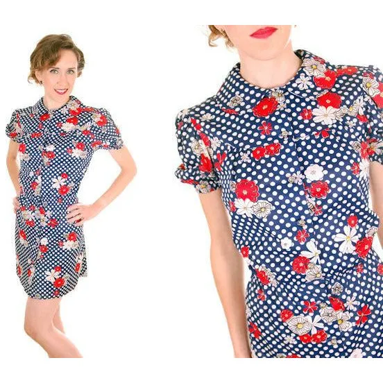 Vintage Playsuit Hot Pants1970s Polyester Polka Dot Floral S