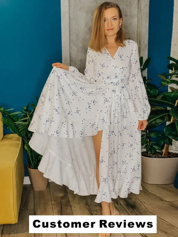 White Chiffon Blue Polka Dot Long Dresses