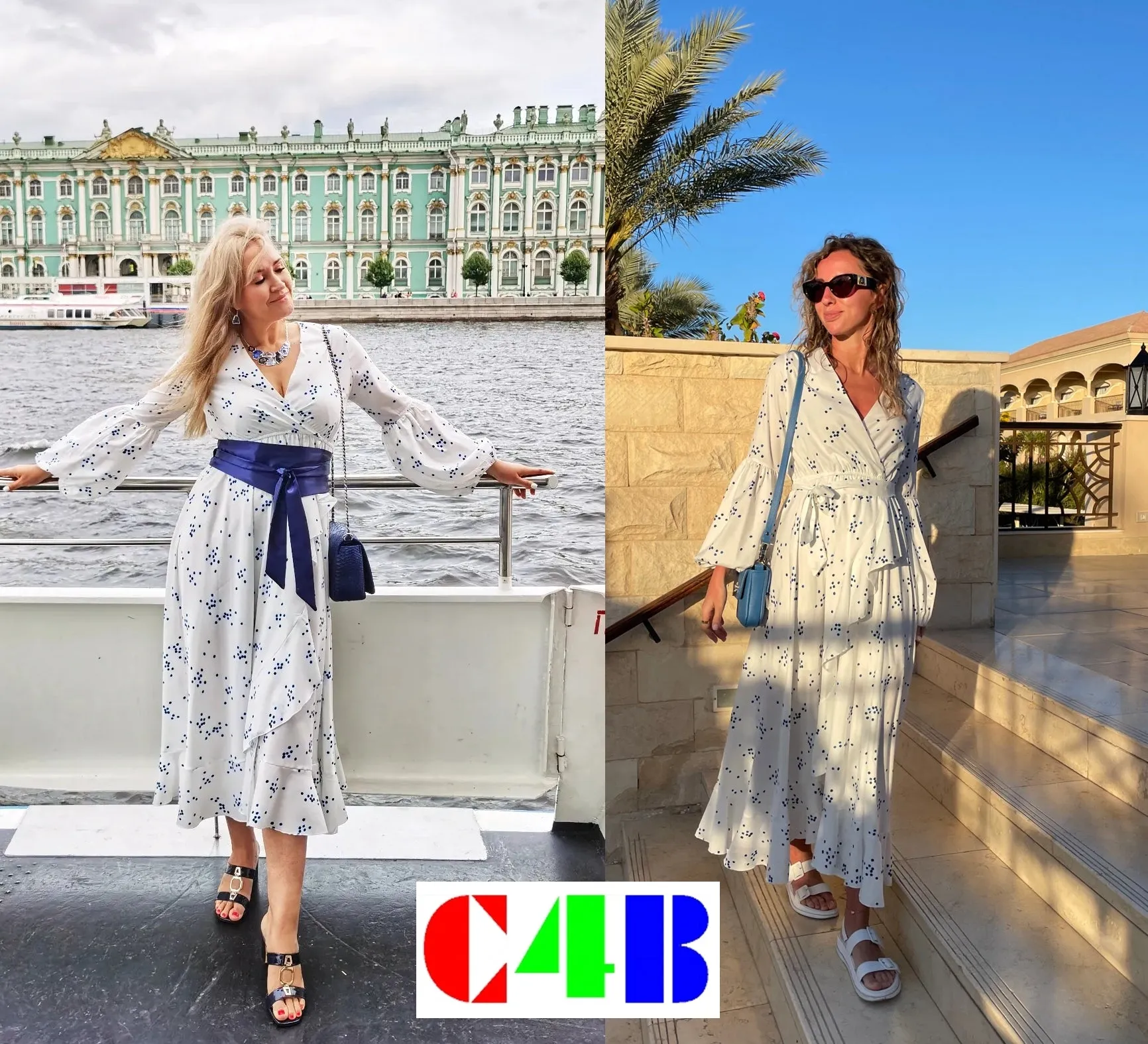 White Chiffon Blue Polka Dot Long Dresses