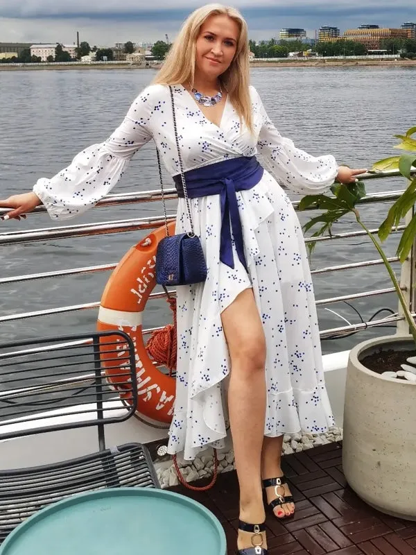 White Chiffon Blue Polka Dot Long Dresses