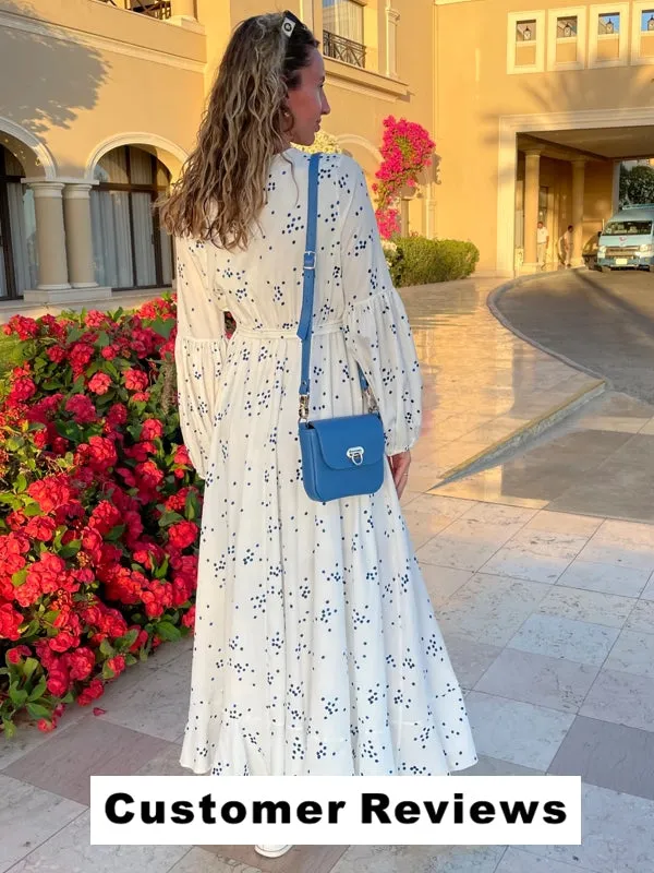 White Chiffon Blue Polka Dot Long Dresses