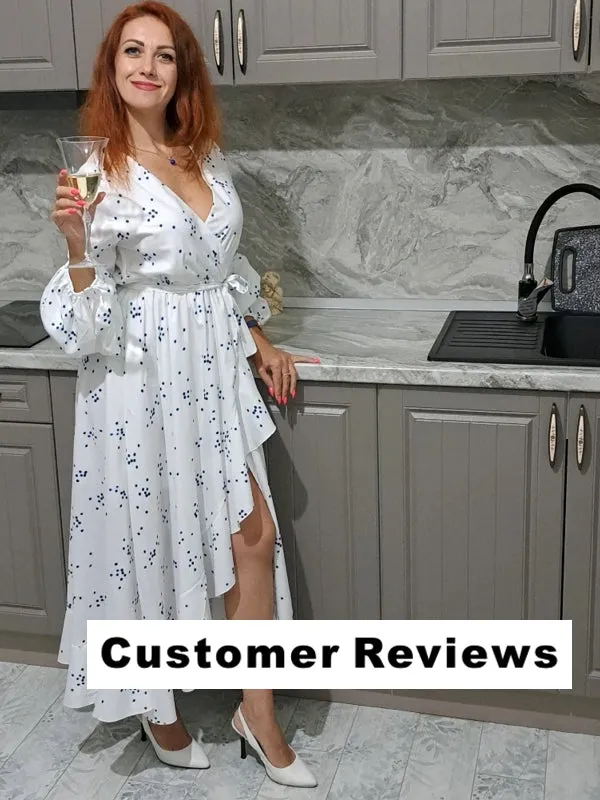 White Chiffon Blue Polka Dot Long Dresses