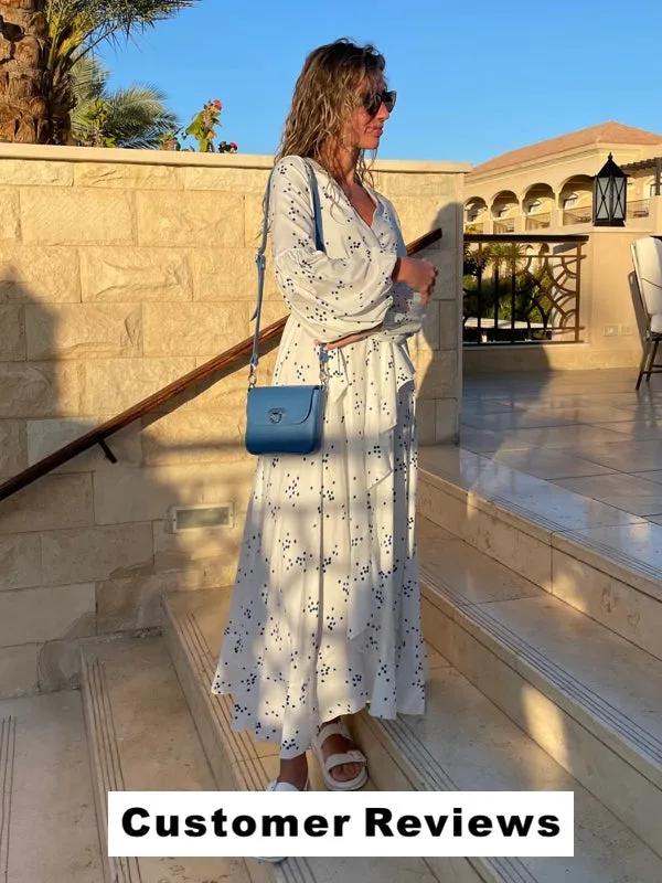 White Chiffon Blue Polka Dot Long Dresses