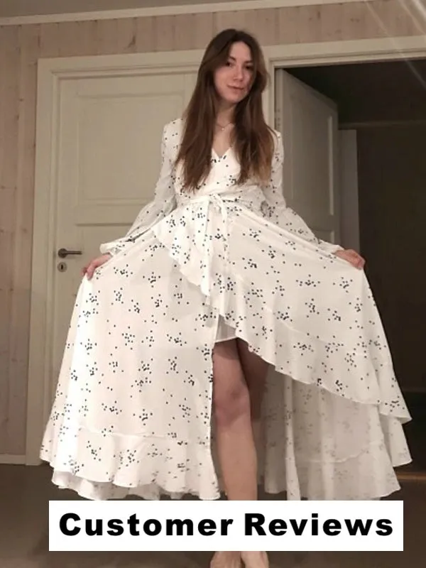 White Chiffon Blue Polka Dot Long Dresses