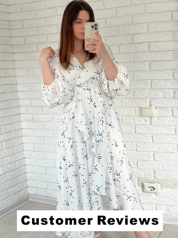 White Chiffon Blue Polka Dot Long Dresses