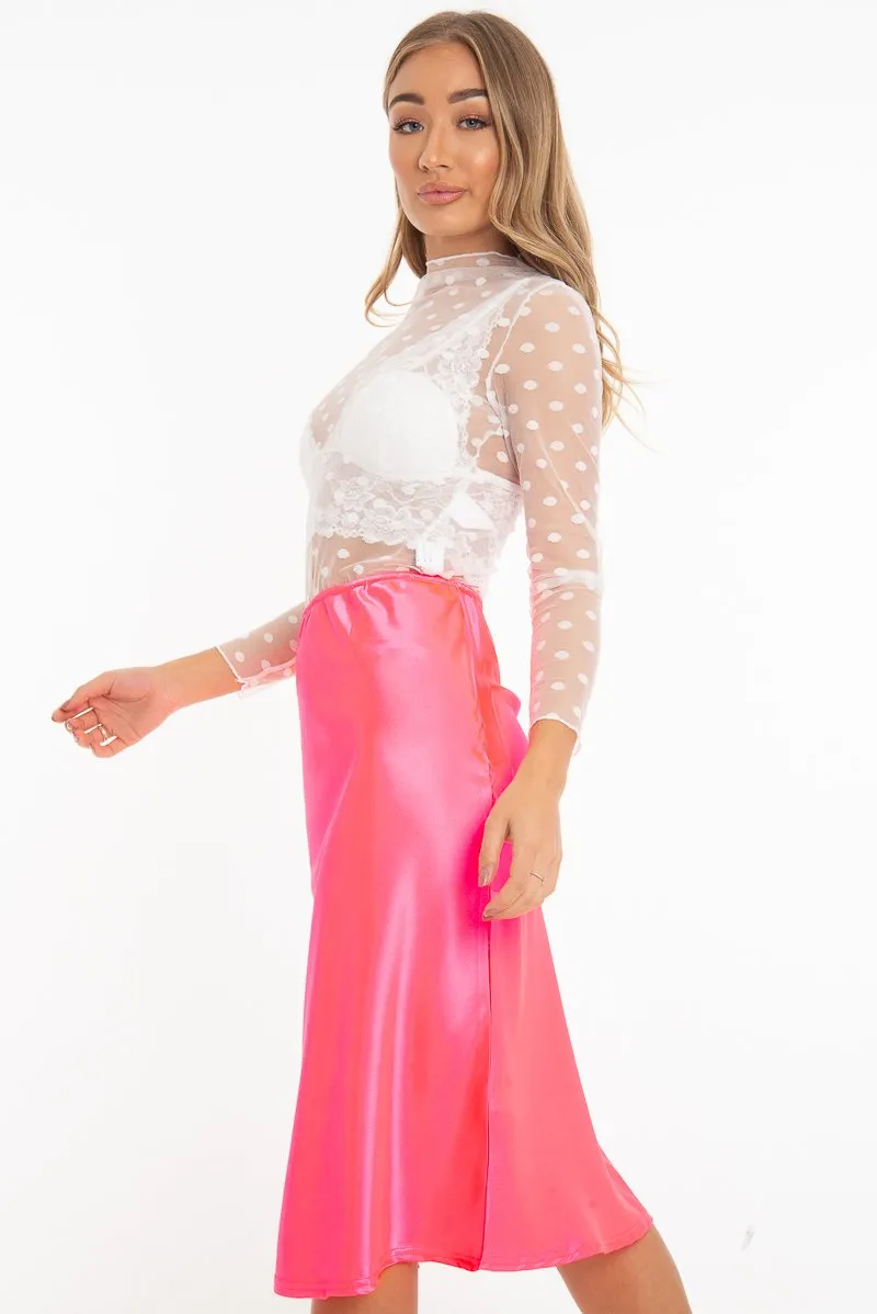 White Dot Mesh High Neck Long Sleeve Top - Shine