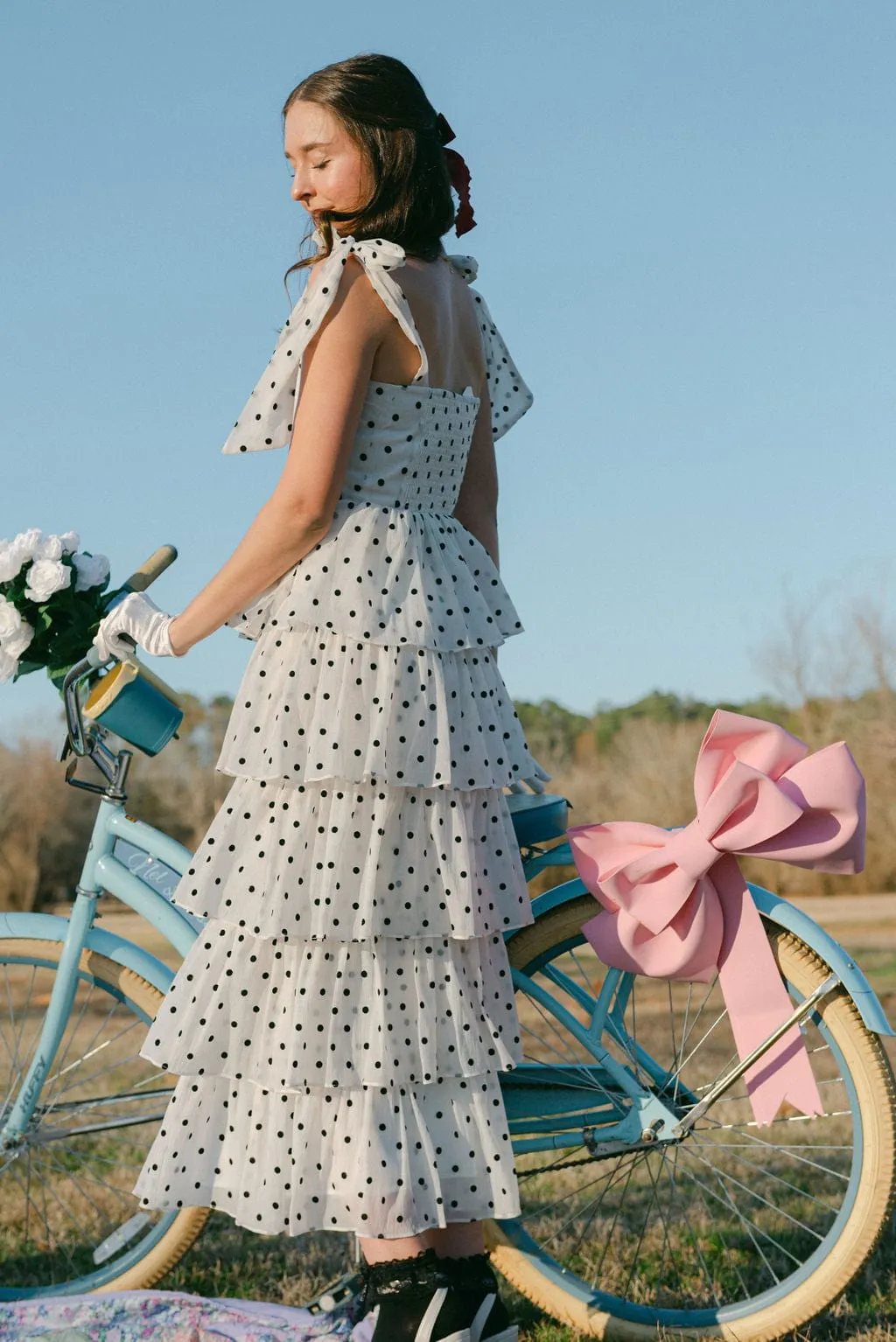 White Polka Dot Ruffle Maxi Dress