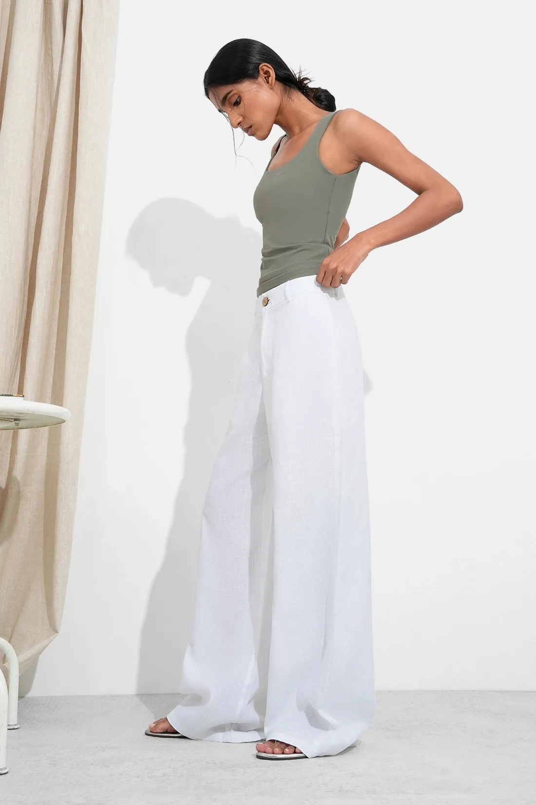 White Wide-Leg Linen Trousers