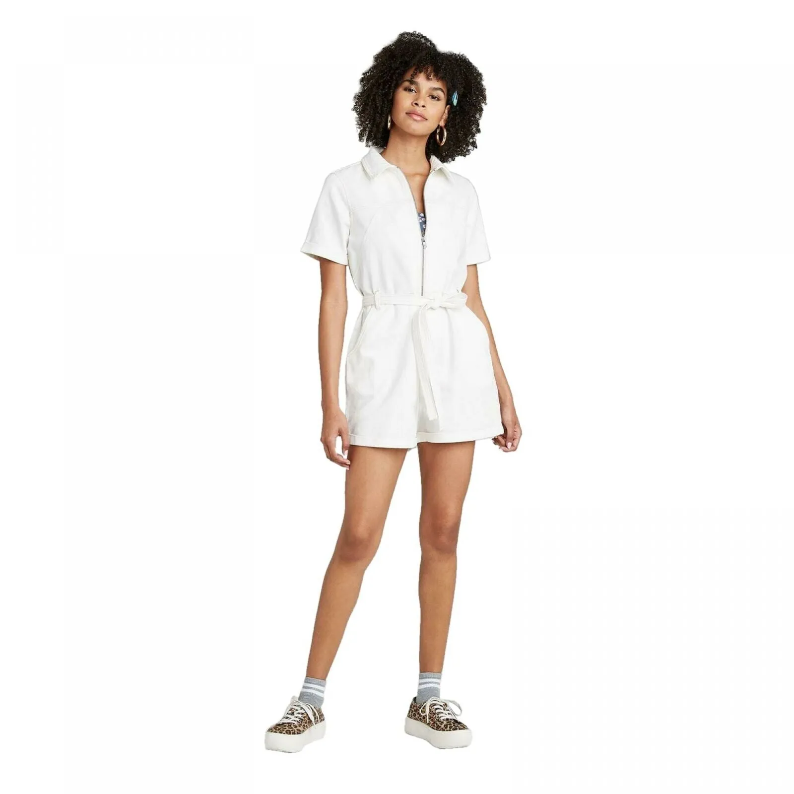 Wild Fable Women's Short Sleeve Zip Front Utility Romper
