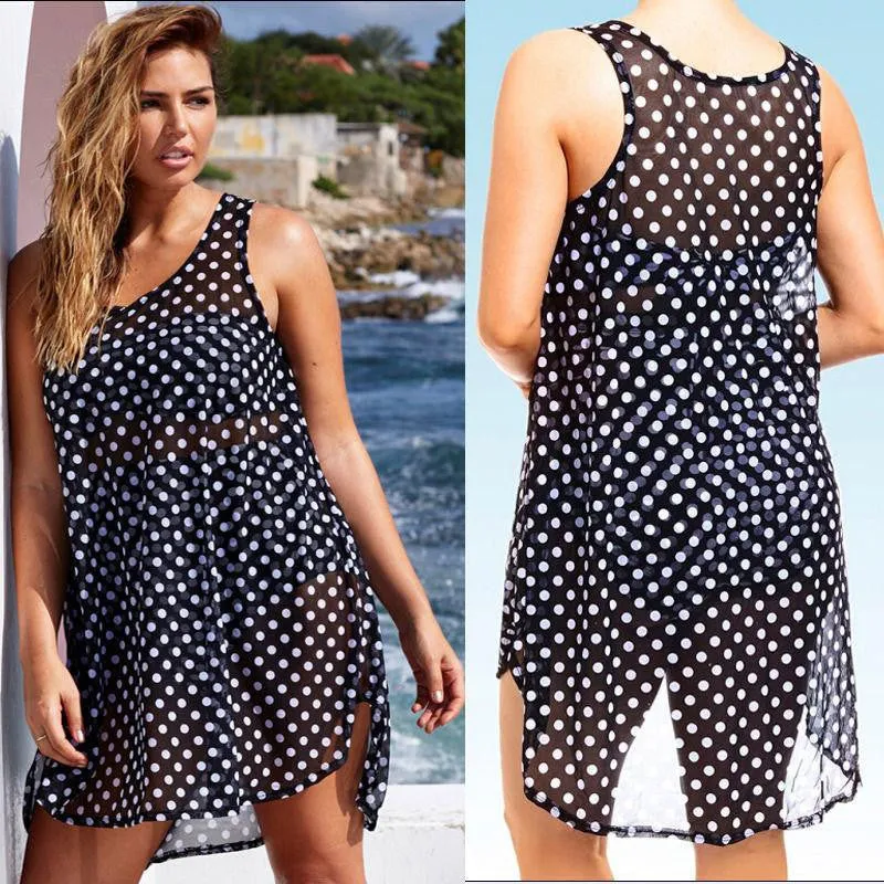 Women Beach Dress Dot Chiffon Black Crochet Summer Dresses Hippie Boho Dress Vestidos Beach Wear 3XL 2XL