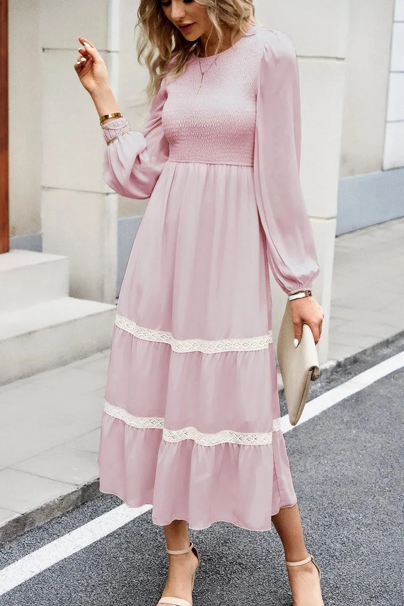 Women Lace Trim Long Sleeve Elegant Maxi Dress - Pink