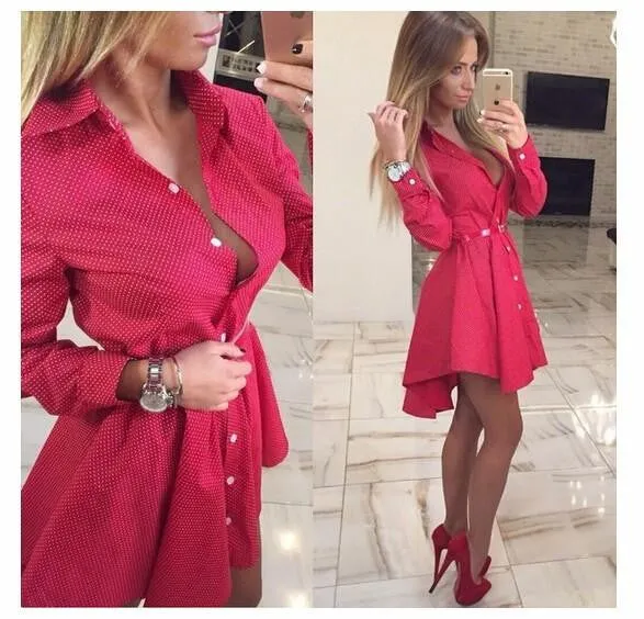 Women Shirt Dress Small dots Printed Fashion Irregular Long Sleeve Mini Vestidos dresses
