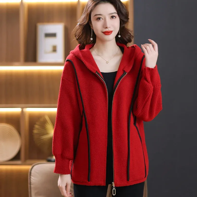 Women Soft Warm Hooded Cardigan Sweater Knitwear Zipper Opening Design Knit Coat