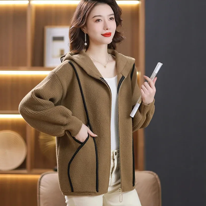 Women Soft Warm Hooded Cardigan Sweater Knitwear Zipper Opening Design Knit Coat