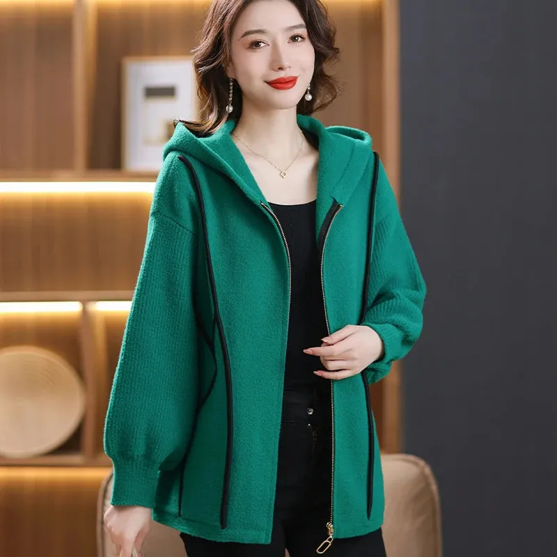 Women Soft Warm Hooded Cardigan Sweater Knitwear Zipper Opening Design Knit Coat