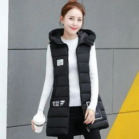 Women Vest Waistcoat Womens Long Vest Sleeveless Jacket Fur Hooded Down Cotton Warm Vest Female