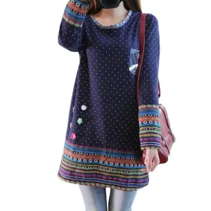 Women Winter Fleece Long Sleeve Dress Plus Size Mori Girl Cute Party Dresses Polka Dot Printed Stereo Flower Stitching vestidos