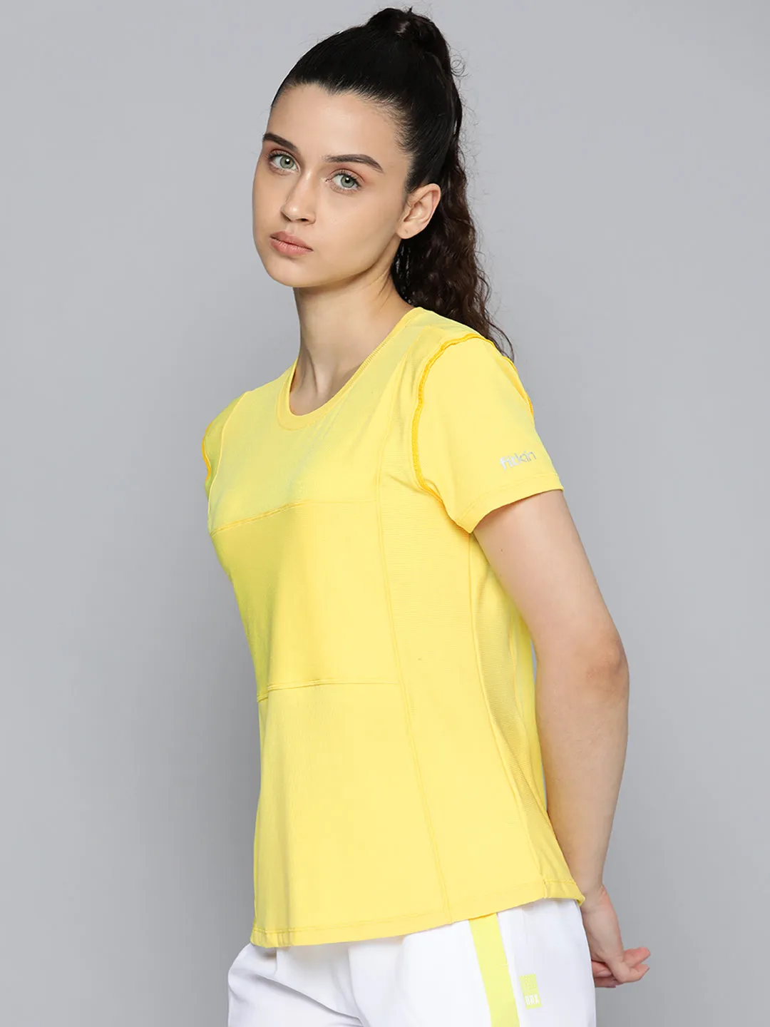 Women Yellow Self-striped Short Sleeves T-shirt