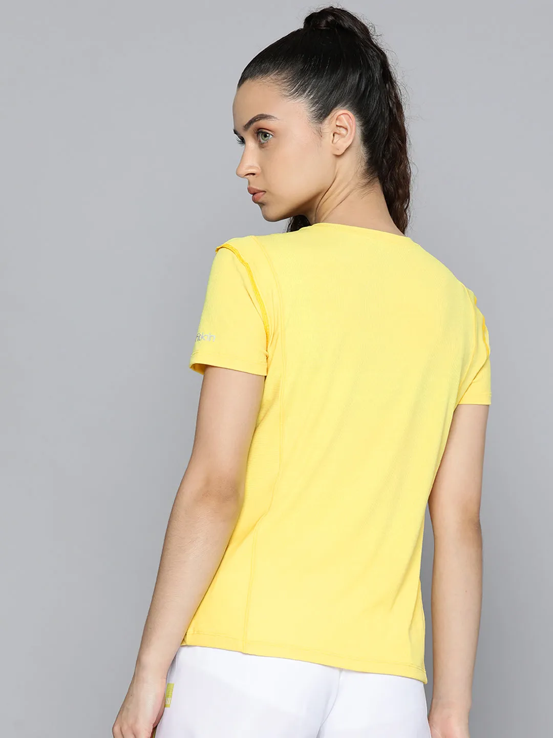 Women Yellow Self-striped Short Sleeves T-shirt