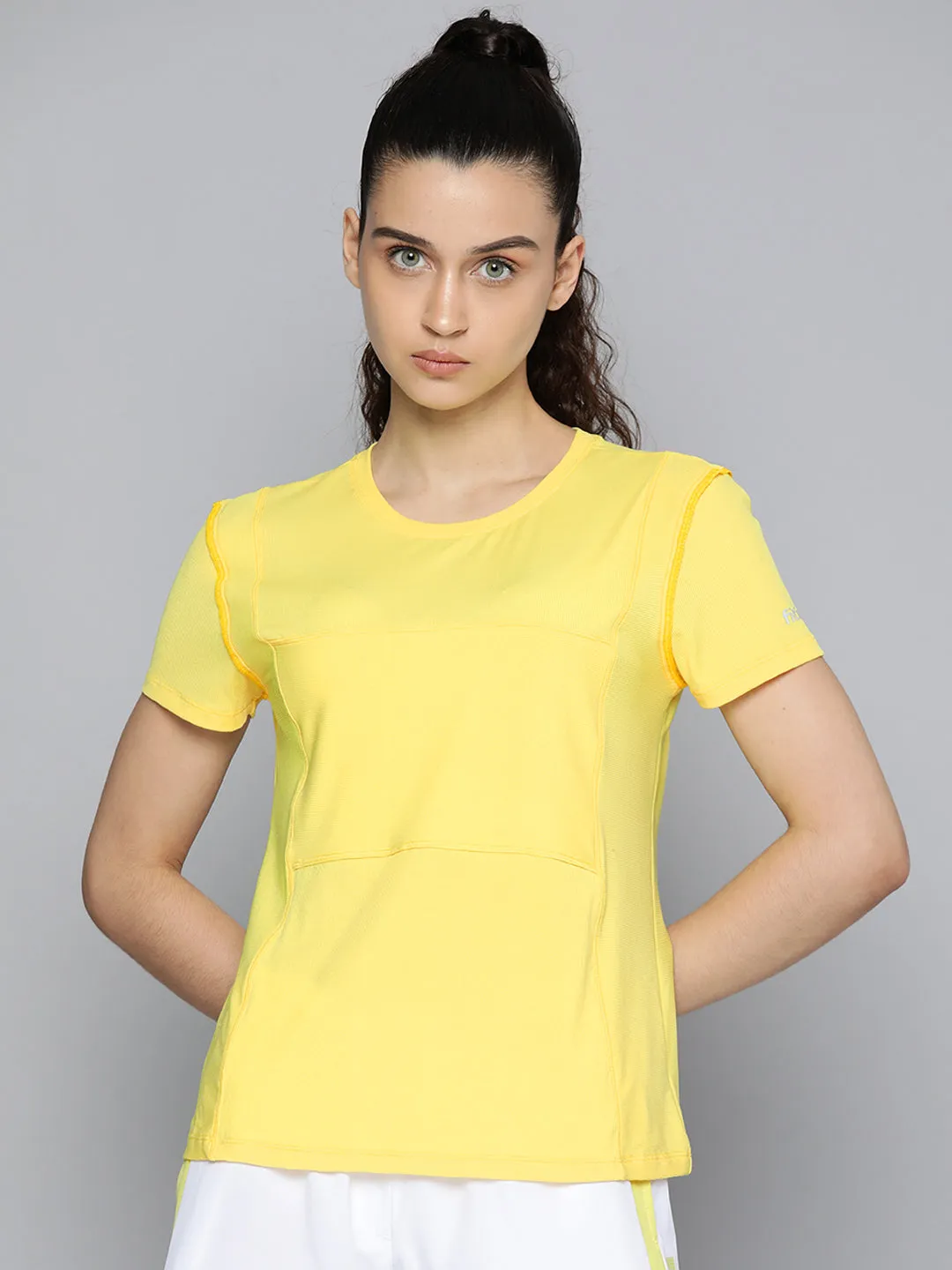 Women Yellow Self-striped Short Sleeves T-shirt